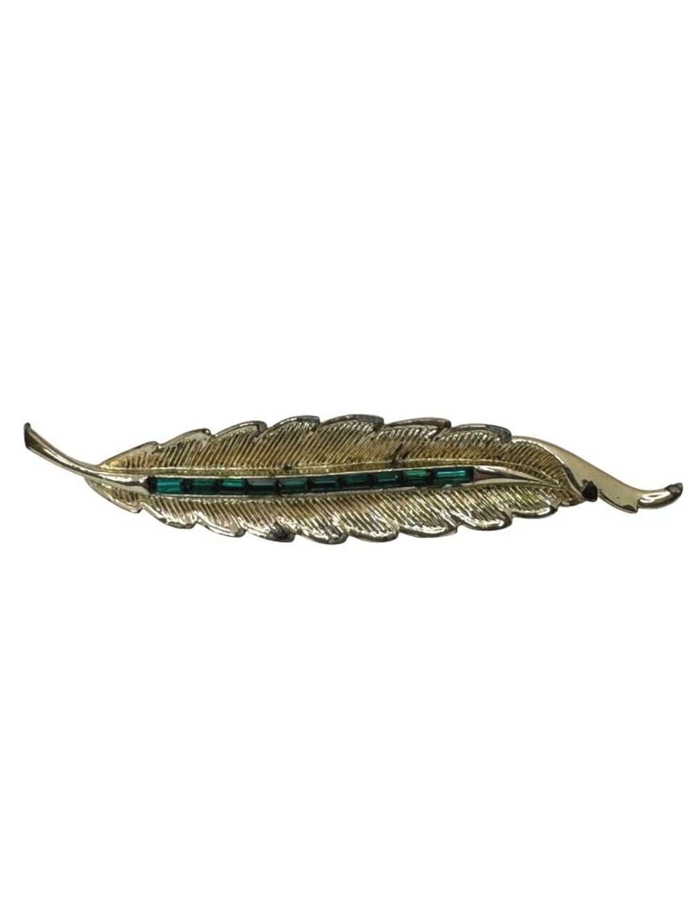 Vintage Coro Gold Tone Feather Brooch Emerald Green Baguette Rhinestones 3.5"